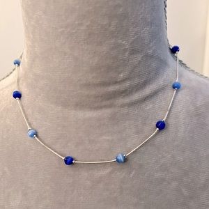 Express Silver Tone and Blue Bead Necklace 16”